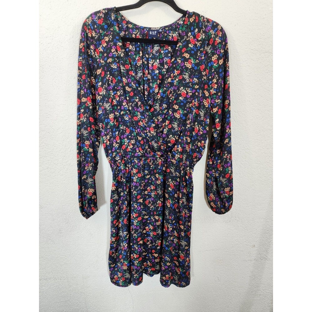 GAP Women's Medium Black Floral Faux Wrap Long Sleeve Dress Multi-Color Mini